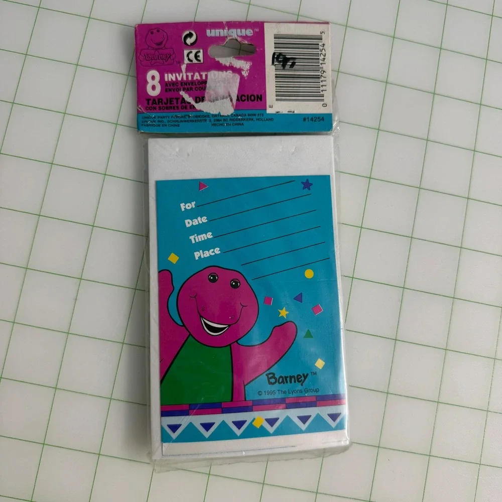 Vintage 90s Barney & Baby Bop BJ 8 Birthday Party Invitations 1995 NEW Cards